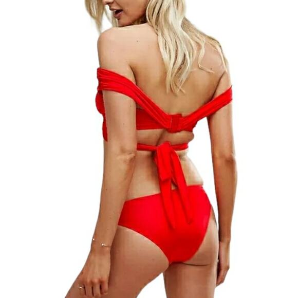 ASOS Swim Bardot off the shoulder red bikini set wrap top 34DD / E bottoms Sz 10 - Picture 4 of 9